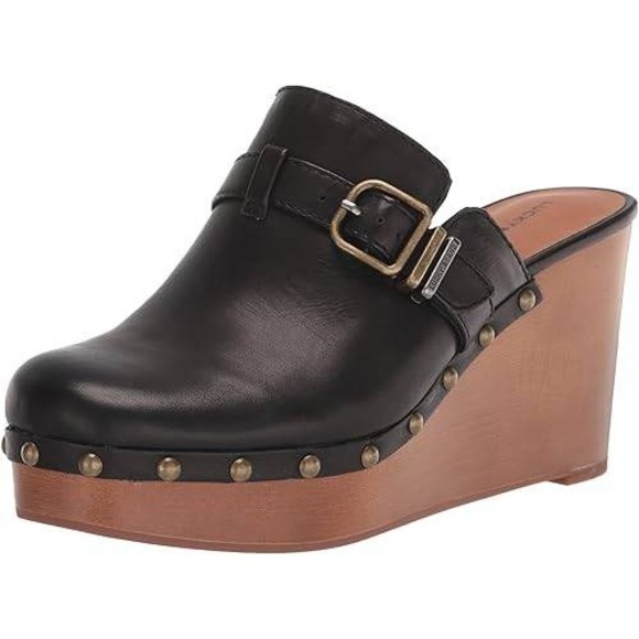 Lucky Brand Leather Wedge Clog Mules Black Studded Buckle Leather 9.5 - Picture 3 of 16